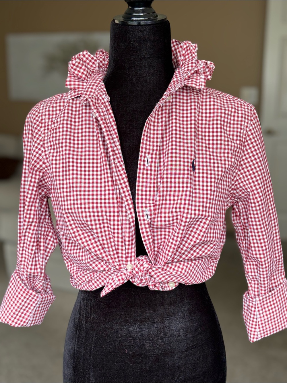 Reworked Ralph Lauren Red Gingham Ruffle Collar Button-Down Top girls L